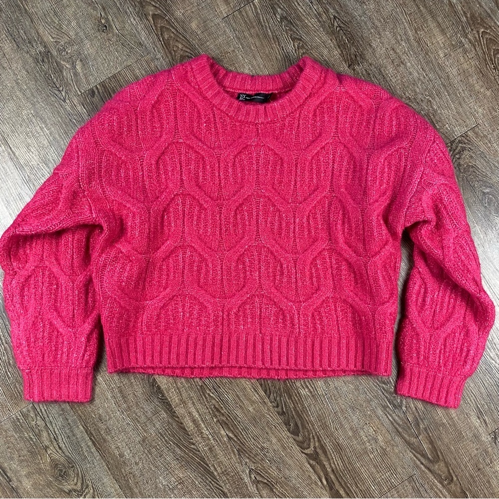 New York & Company Sweater Women Size XL Pink Cable Knit Crew Neck Ribbed Trim